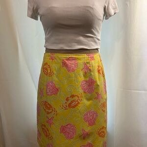 Lilly Pulitzer Yellow with Pink Shells and Orange Crabs Pencil Skirt Resort